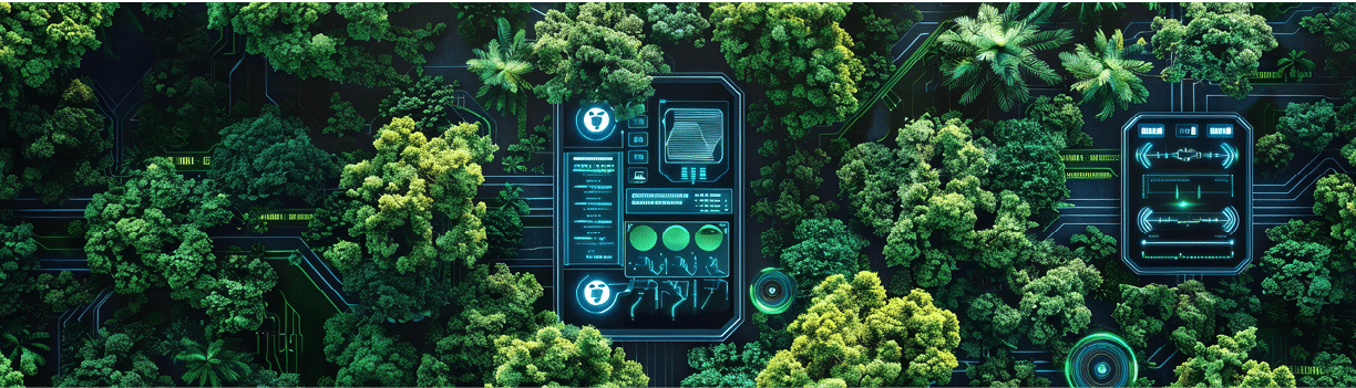 A computer screen with a green background and a picture of a forest. AI generated content